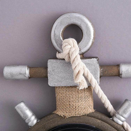 Retro Wooden Wall Clock For Living Room Home Decor - close-up of painted wood clock top with rope hanger and burlap accent