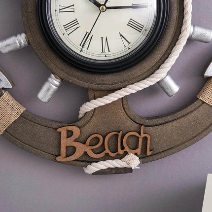 Retro Wooden Wall Clock For Living Room Home Decor - rustic nautical wood clock with rope and 'Beach' lettering, battery-run wall-mounted timepiece