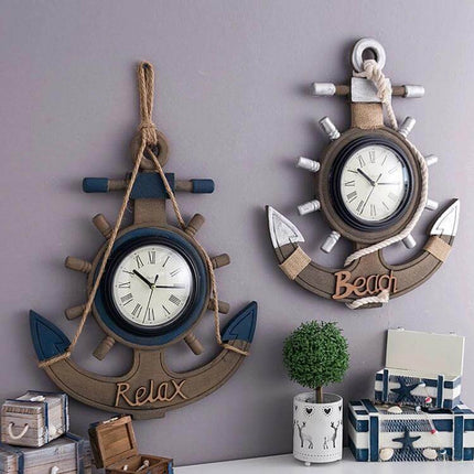 Retro Wooden Wall Clock For Living Room Home Decor - nautical anchor design wooden wall clock with rope and anchor accents