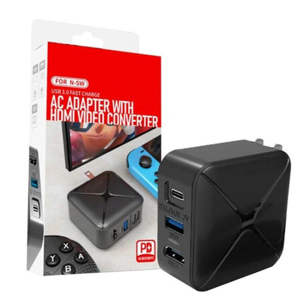 Adapter for Seamless Home Device Integration in Daily Life - compact black AC adapter with HDMI video converter and USB ports for TV, Switch, phone casting