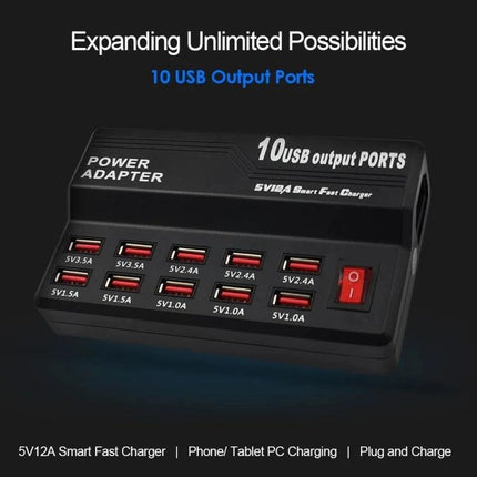 100-240V USB Interface Smart Fast Charge Multifunction Charger US Plug 12 Ports compact black 12-port USB charging hub with power switch