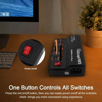 100-240V USB Interface Smart Fast Charge Multifunction Charger US Plug 12 Ports on desk with red power switch and multiple USB ports