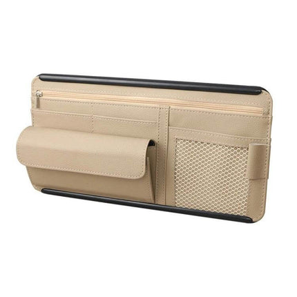 Car Sun Visor Organizer Case With Zipper For Glasses And Cards beige PU leather organizer with zip pockets for phone, cards, glasses