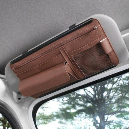 Car Sun Visor Organizer Case With Zipper For Glasses And Cards shown attached to visor holding phone, glasses, wallet and cards