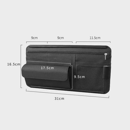 Car Sun Visor Organizer Case With Zipper For Glasses And Cards, black PU leather visor pouch with pockets and dimensions