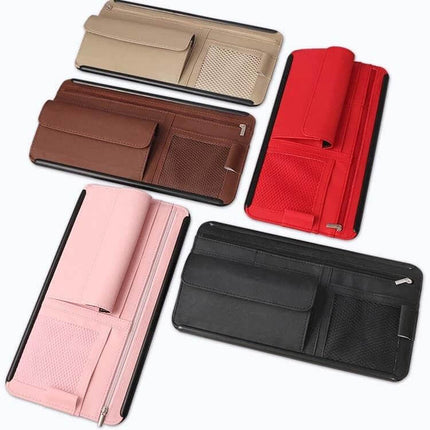 Car Sun Visor Organizer Case With Zipper For Glasses And Cards - PU leather multi-pocket sun visor organizer in black red brown pink beige