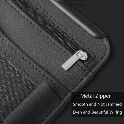Car Sun Visor Organizer Case With Zipper For Glasses And Cards showing close-up metal zipper and textured PU leather organizer
