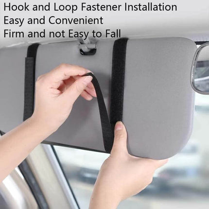 Car Sun Visor Organizer Case With Zipper For Glasses And Cards showing hook and loop fastener installation on a car sun visor for secure attachment
