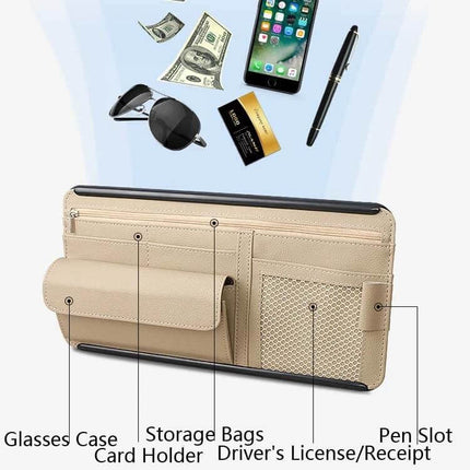 Car Sun Visor Organizer Case With Zipper For Glasses And Cards - beige PU leather organizer with glasses pocket, card slots, pen slot and mesh pocket