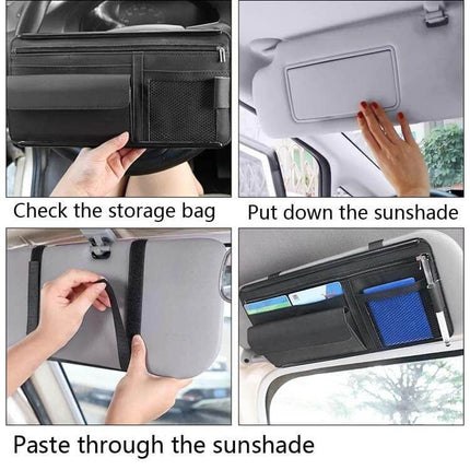 Car Sun Visor Organizer Case With Zipper For Glasses And Cards - black PU leather sun visor organizer holding phone, cards, glasses