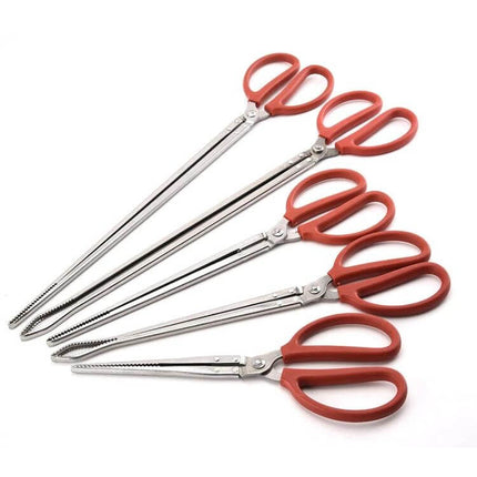 Crab Tongs Stainless Steel 53cm Curved Clip For Seafood Handling - stainless steel tongs with red PP handles and serrated curved jaws for gripping shellfish