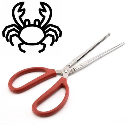 Crab Tongs Stainless Steel 53cm Curved Clip For Seafood Handling - stainless steel curved jaws with serrated teeth and red PP handles for safe crab serving