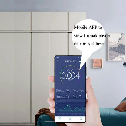 Home Formaldehyde Air Quality Detector for Indoor Use showing mobile app with 0.004 mg/m³ formaldehyde reading in a bedroom