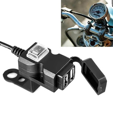 EAFC Dual USB Waterproof Charger for Motorcycle Handlebars mounted on handlebars with dual USB ports and waterproof cover