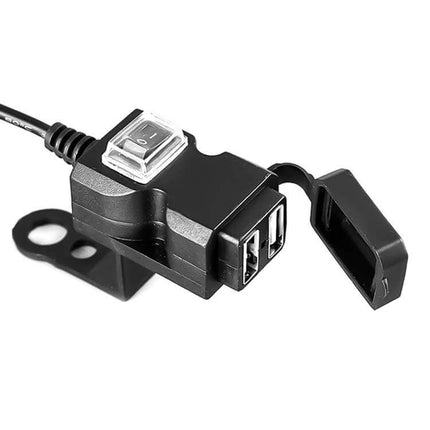 EAFC Dual USB Waterproof Charger for Motorcycle Handlebars mounted on handlebar showing dual USB ports and waterproof cover