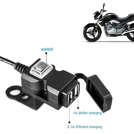 EAFC Dual USB Waterproof Charger for Motorcycle Handlebars mounted on bike with dual USB ports and waterproof cover