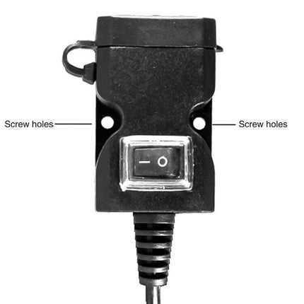 EAFC Dual USB Waterproof Charger for Motorcycle Handlebars showing front-mounted rocker switch, screw holes and cable (top view)