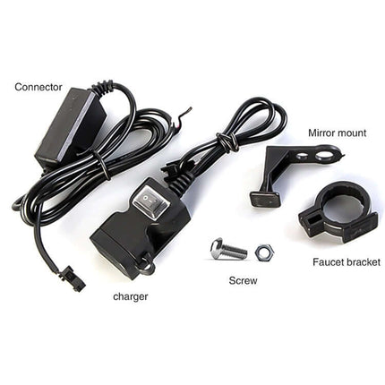 EAFC Dual USB Waterproof Charger for Motorcycle Handlebars mounted with connector, mirror mount, faucet bracket and screw kit