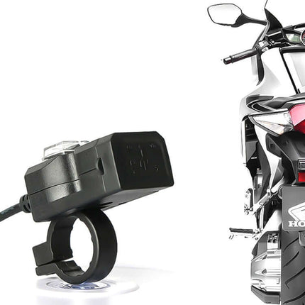 EAFC Dual USB Waterproof Charger for Motorcycle Handlebars mounted on motorcycle handlebar showing dual USB ports and waterproof housing
