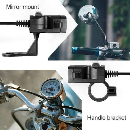 EAFC Dual USB Waterproof Charger for Motorcycle Handlebars mounted on mirror and handle bracket showing dual USB ports and waterproof design