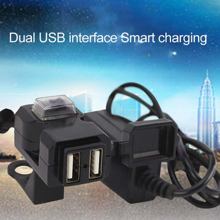 EAFC Dual USB Waterproof Charger for Motorcycle Handlebars mounted on handlebars showing dual USB ports and waterproof cover