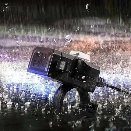 EAFC Dual USB Waterproof Charger for Motorcycle Handlebars mounted on handlebar in heavy rain, dual USB ports charging devices safely