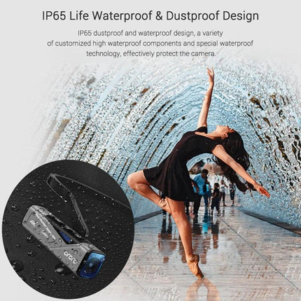 Ordro EP7 Head-Mounted Camera for Sports and Live Streaming showing dancer under water arch demonstrating waterproof IP65 design
