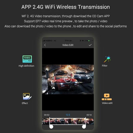 Ordro EP7 Head-Mounted Camera for Sports and Live Streaming showing mobile app 2.4G WiFi video preview and editing features