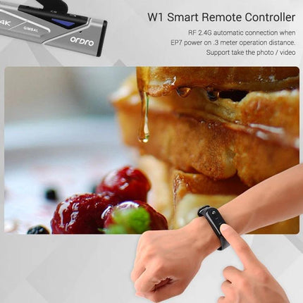 Ordro EP7 Head-Mounted Camera for Sports and Live Streaming showing W1 smart remote controlling hands-free recording during outdoor activity