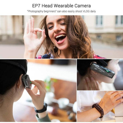 Ordro EP7 Head-Mounted Camera for Sports and Live Streaming worn by a smiling vlogger demonstrating hands-free recording while hiking and cycling