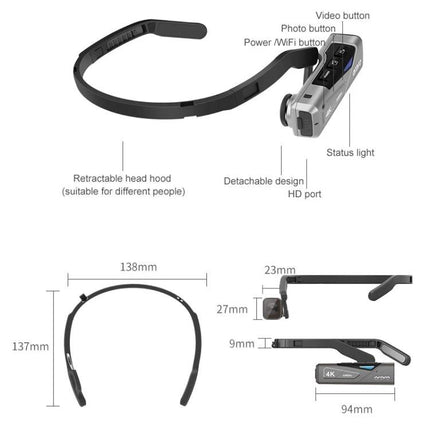 Ordro EP7 Head-Mounted Camera for Sports and Live Streaming lightweight retractable headband with detachable 4K camera and labeled buttons