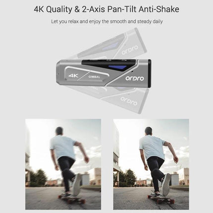 Ordro EP7 Head-Mounted Camera for Sports and Live Streaming capturing hands-free 4K gimbal footage of a skateboarder in motion