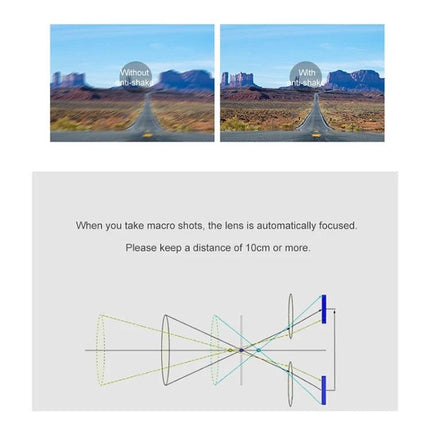 Ordro EP7 Head-Mounted Camera for Sports and Live Streaming showing anti-shake comparison and macro focus diagram