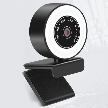USB Camera with Microphone and Fill Light for Video Calls compact round webcam with built-in mic, ring fill light and clip mount for clear low-light video