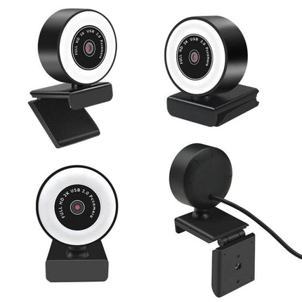 USB Camera with Microphone and Fill Light for Video Calls — compact USB webcam with ring fill light and built‑in mic, clip mount for laptops and monitors