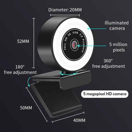 USB Camera with Microphone and Fill Light for Video Calls — compact illuminated 5MP CMOS webcam with autofocus, clip mount, 360° and 180° adjustment