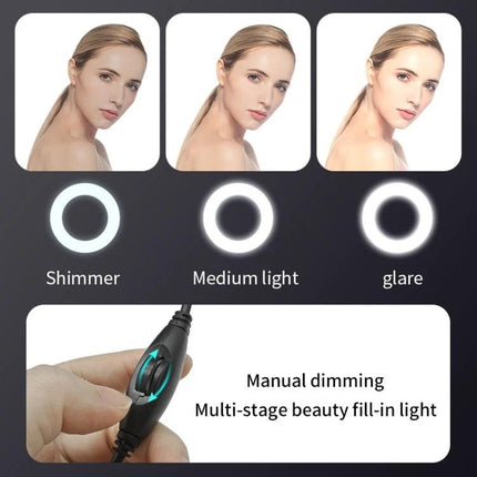 USB Camera with Microphone and Fill Light for Video Calls showing adjustable ring light modes (shimmer, medium, glare) and manual dimming control