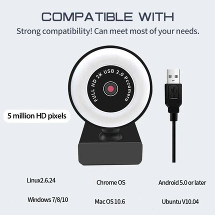USB Camera with Microphone and Fill Light for Video Calls showing round webcam with USB plug, ring fill light and 5 million HD pixels compatibility info