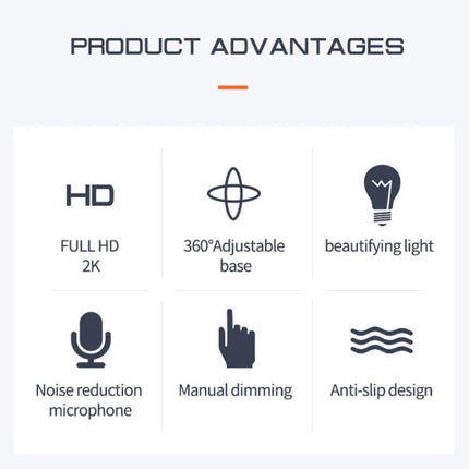 USB Camera with Microphone and Fill Light for Video Calls showing icons for Full HD, 360° adjustable base, beautifying light, noise reduction microphone, manual dimming, anti-slip design
