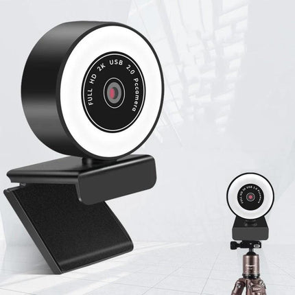 USB Camera with Microphone and Fill Light for Video Calls - compact CMOS webcam with ring fill light and built-in mic for clear low-light video