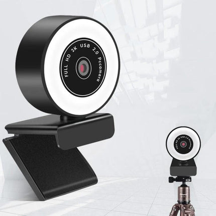 USB Camera with Microphone and Fill Light for Video Calls - compact clip-on webcam with ring fill light and tripod mount