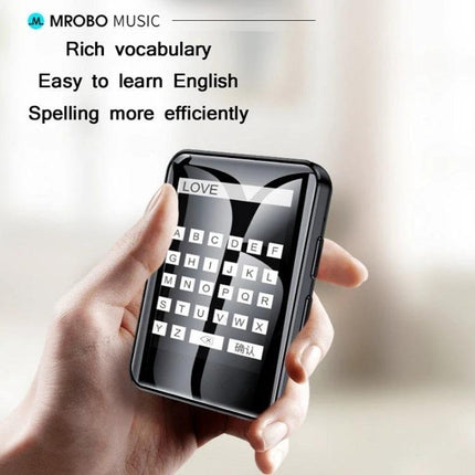 M21 1.77 Inch Touch Screen MP3 Player for E-Books and Music showing touch keyboard and e-book/dictionary features for language learning