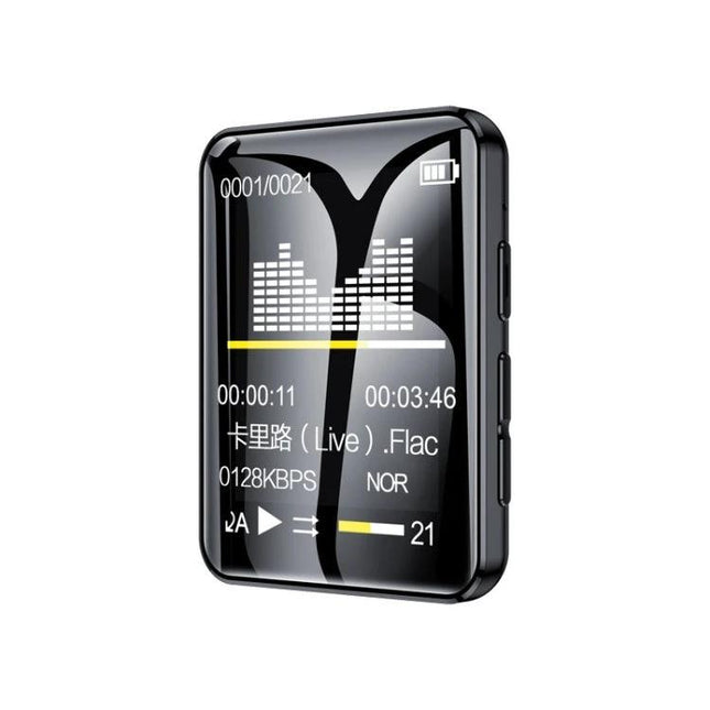 M21 1.77 Inch Touch Screen MP3 Player for E-Books and Music compact black player showing 1.77-inch touchscreen with music waveform and playback UI