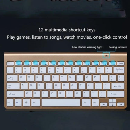 Universal Mini Wireless Keyboard and Mouse Set for Everyday Computing - compact gold mini keyboard with 12 multimedia shortcut keys and USB pairing