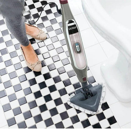 Microfiber Triangle Mop Cloth Covers for Shark Steam Mops, 2 Pack cleaning black-and-white tiled bathroom floor with triangle steam mop cover