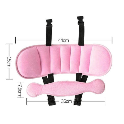 Adjustable Child Car Seat Head Support Pillow For Travel Neck Comfort pink ring-shaped adjustable headrest with straps and dimensions shown