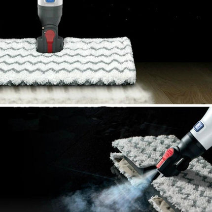 Microfiber Cloth Cover for Steam Mop Floor Cleaning shown attached to steam mop lifting dirt and absorbing water on hardwood and tile
