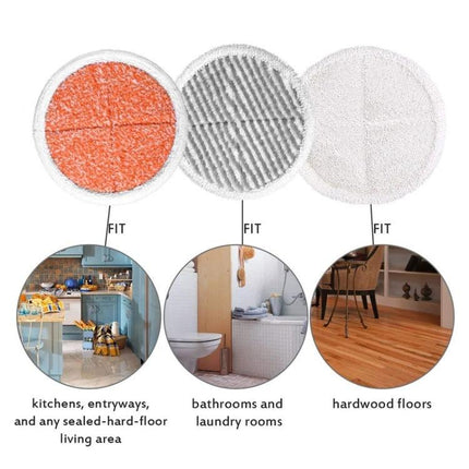 Replacement Cloths for Bissell Steam Mops, 2-Pack, Various Colors - three round microfiber pads (orange, gray stripe, white) for hard floors, kitchens, bathrooms