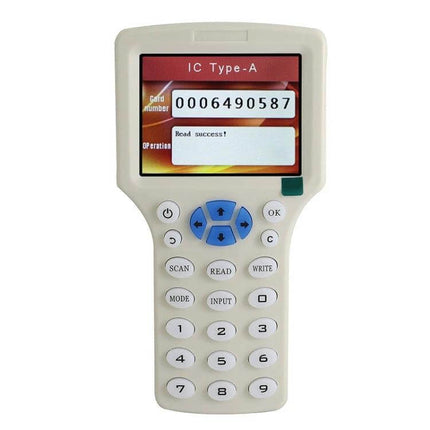 Zonsin Portable ID Card Duplicator for RFID and Smart Cards handheld reader showing card number and success message