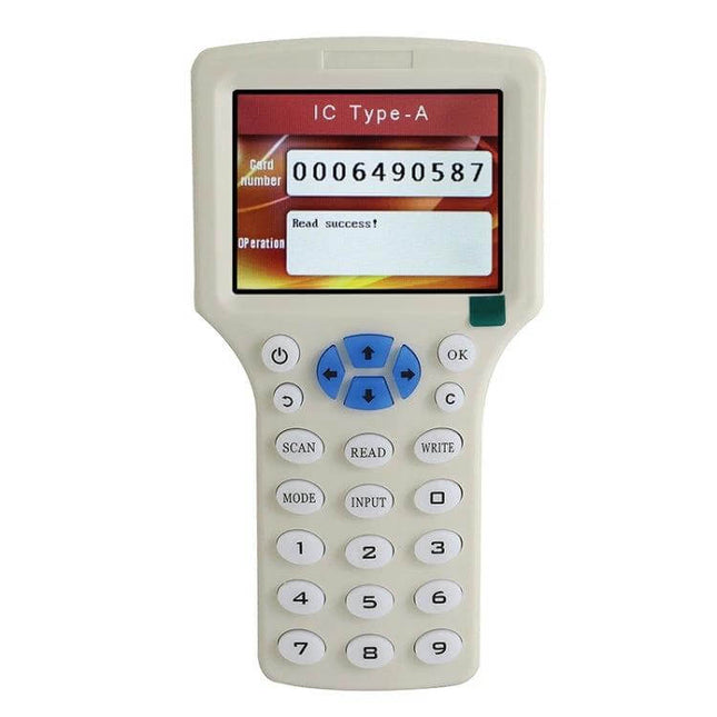 Zonsin Portable ID Card Duplicator for RFID and Smart Cards handheld reader showing card number and success message